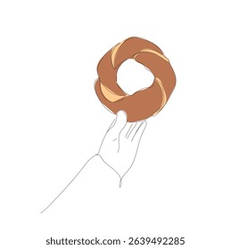 Turkish hot bakery food. Single continuous line drawing traditional turkish breakfast with  simit bagels, top view.  Hand made vector not Al