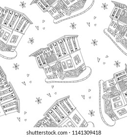 Turkish houses seamless pattern. Hand drawn black and white vector elements. Wooden houses, hearts, flowers. Hand drawn vector pattern for fashion clothes, shirt, fabric.