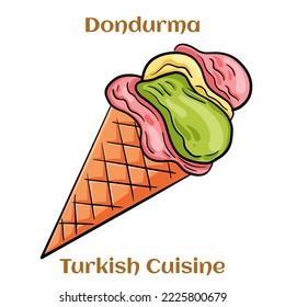 Turkish ice cream Dondurma in a waffle cone. Traditional turkish desserts. Vector illustration