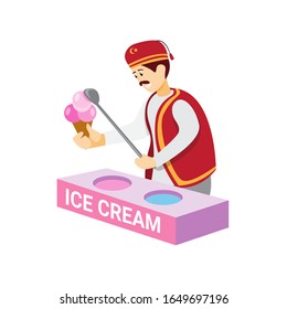 Turkish ice cream, man selling traditional ice cream from turkey in cartoon flat illustration vector isolated in white background