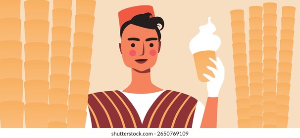 Turkish ice cream vendor at food festival, Flat vector stock illustration as a concept Local Cultural Experiences for sstkTravel