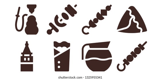turkish icon set. 8 filled turkish icons.  Collection Of - Galata tower, Hookah, Kebab, Skewer, Coffee pot, Samosa
