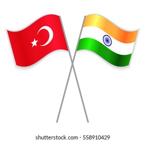 Turkish and Indian crossed flags. Turkey combined with India isolated on white. Language learning, international business or travel concept.