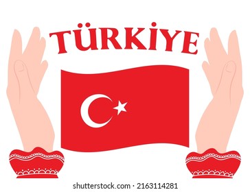 Türkiye. Turkish Inscription Turkey, And The Flag Of Turkey On A White Background.