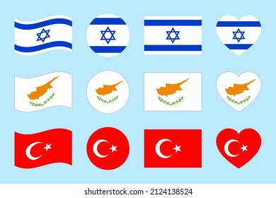 Ilustración vectorial de banderas turcas, israelíes y chipriotas. Israel, Chipre, Turquía, declara símbolos geométricos oficiales para los diseños de páginas deportivas, patrióticos y de viajes. Iconos de indicadores geométricos en un estilo plano