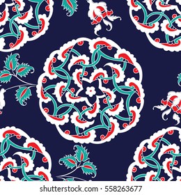 Turkish Iznik tile, seamless islamic pattern with pretty oriental curves and floral details, digital hand drawn symmetric tile design
