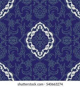 Turkish Iznik tile, vector and seamless islamic pattern with pretty oriental curves and floral details, digital hand drawn symmetric tile design