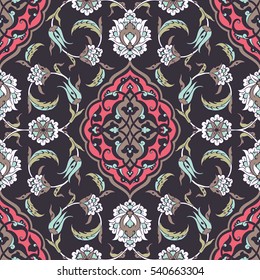 Turkish Iznik tile, vector and seamless islamic pattern with pretty oriental curves and floral details, digital hand drawn symmetric tile design