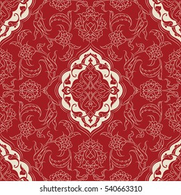 Turkish Iznik tile, vector and seamless islamic pattern with pretty oriental curves and floral details, digital hand drawn symmetric tile design