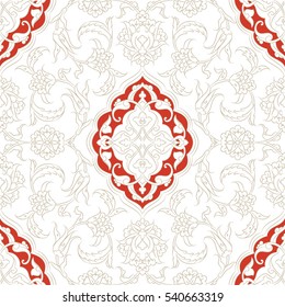 Turkish Iznik tile, vector and seamless islamic pattern with pretty oriental curves and floral details, digital hand drawn symmetric tile design