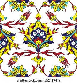 Turkish Iznik tile, vector and seamless islamic pattern with pretty oriental curves and floral details, digital hand drawn symmetric tile design