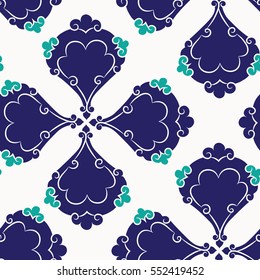 Turkish Iznik tile, vector and seamless islamic pattern with pretty oriental curves and floral details, digital hand drawn symmetric tile design
