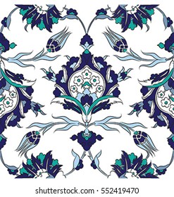 Turkish Iznik tile, vector and seamless islamic pattern with pretty oriental curves and floral details, digital hand drawn symmetric tile design
