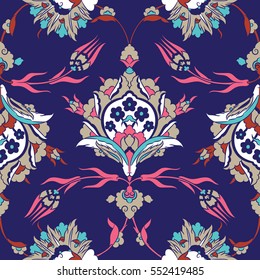 Turkish Iznik tile, vector and seamless islamic pattern with pretty oriental curves and floral details, digital hand drawn symmetric tile design