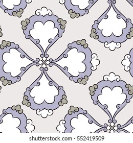 Turkish Iznik tile, vector and seamless islamic pattern with pretty oriental curves and floral details, digital hand drawn symmetric tile design
