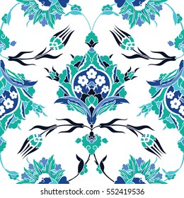 Turkish Iznik tile, vector and seamless islamic pattern with pretty oriental curves and floral details, digital hand drawn symmetric tile design