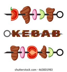 Turkish kebab in flat style. Cooked delicious traditional dish. Set of kebab, minced meat. Vector grilled meat food and tasty barbecue. 