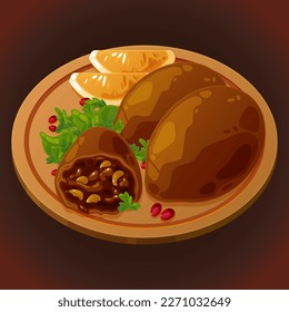 Turkish kofte. Meat balls with vegetables and lemon slices. European traditional dishes. Bright vector illustration with food for the menu of restaurants, eateries.