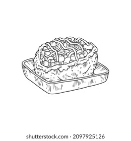 Turkish Kumpir dish of baked potato with cheese and sausage, hand drawn engraving vector illustration isolated on white background. Kumpir meal of Turkish food.