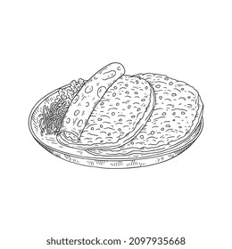 Turkish Lahmacun dish or Turkish pizza, hand drawn engraving vector illustration isolated on white background. Traditional national cuisine meal named Lahmacun.