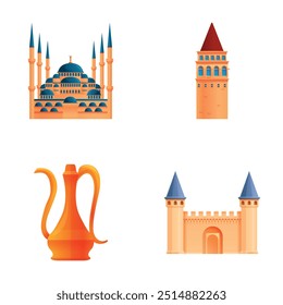 Turkish landmark icons set cartoon vector. Turkish architecture and culture. Travel to turkey