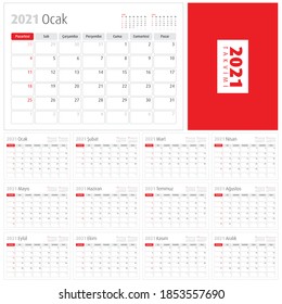 Calendario del mostrador de idioma turco diseñado para el año 2021. Vector