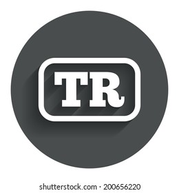 Turkish language sign icon. TR Turkey Portugal translation symbol with frame. Circle flat button with shadow. Modern UI website navigation. Vector