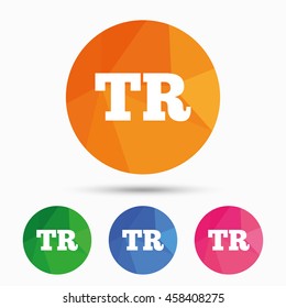 Turkish language sign icon. TR Turkey translation symbol. Triangular low poly button with flat icon. Vector