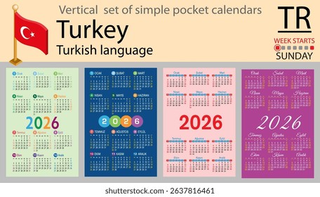 Turkish language. Turkey vertical Set of pocket calendars for 2026 (Two thousand twenty six). Week starts Sunday. New year. Color simple design. Vector