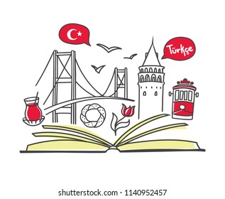 Turkish language. Vector line illustration of famous turkish symbols with an open book. Modern design for linguistic school, class or course. Education card, flier, poster, banner, print, leaflet.