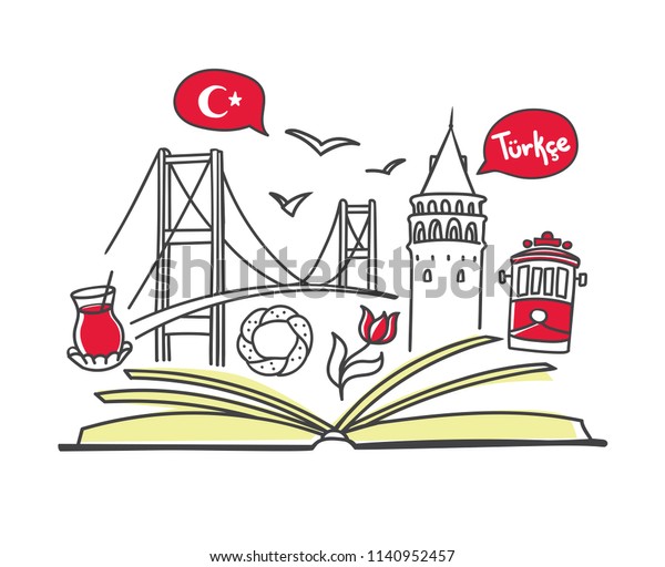 Turkish language. Vector line illustration of\
famous turkish symbols with an open book. Modern design for\
linguistic school, class or course. Education card, flier, poster,\
banner, print,\
leaflet.