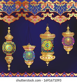 Turkish lantern with mosaic Seamless pattern, background. Colored vector illustration on night blue background