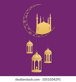 Turkish lanterns hang from the moon. Silhouette of a mosque. Holy month of Ramadan.