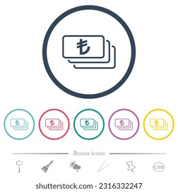 Turkish Lira banknotes outline flat color icons in round outlines. 6 bonus icons included.