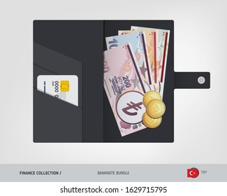 Turkish Lira banknotes set. Black leather wallet with money Turkish Lira banknotes and gold coins. Flat vector illustration on the topic of finance.