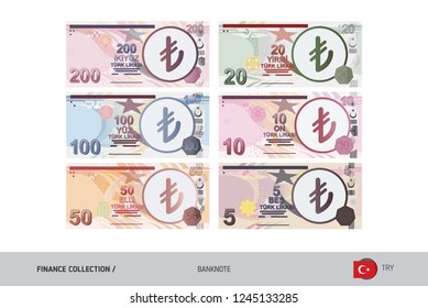 Turkish Lira Banknotes set. Flat style highly detailed vector illustration. Isolated on white background. Suitable for print materials, web design, mobile app and infographics. 