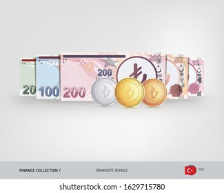 Turkish Lira banknotes set and gold, silver, bronze coins. Isolated on background. Cash of different nominal value. Vector illustration on the topic of finance.