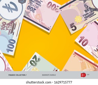 Turkish Lira banknotes set. Isolated on background. Cash of different nominal value. Vector illustration on the topic of finance.