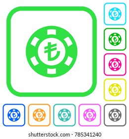 Turkish Lira casino chip vivid colored flat icons in curved borders on white background