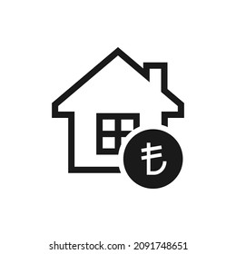 Turkish lira coin with house. Mortage icon concept isolated on white background. Vector illustration