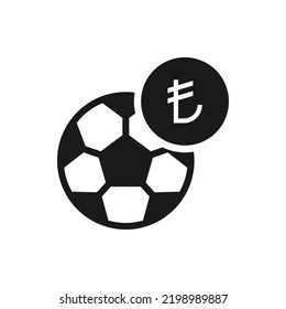 Turkish lira coin with soccer ball. Football sports betting flat icon isolated on white background. Vector illustration