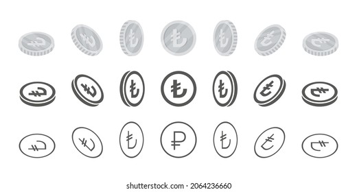 Turkish Lira coins. Rotation of icons at different angles for animation. Coins in isometric. Vector illustration