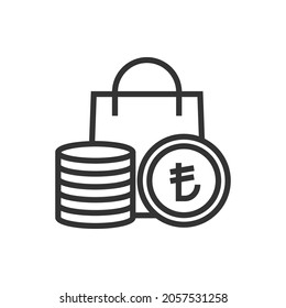 Turkish lira coins and shopping bag. E-commerce icon concept isolated on white background. Vector illustration
