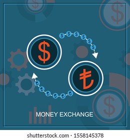 Turkish lira and dollar exchange concept. National currency signs. Finance symbol. Flat style vector illustration