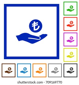 Turkish Lira earnings flat color icons in square frames on white background