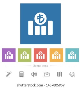 Turkish Lira financial graph flat white icons in square backgrounds. 6 bonus icons included.