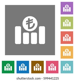 Turkish Lira financial graph flat icons on simple color square backgrounds