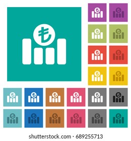 Turkish Lira financial graph multi colored flat icons on plain square backgrounds. Included white and darker icon variations for hover or active effects.