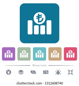 Turkish Lira financial graph white flat icons on color rounded square backgrounds. 6 bonus icons included