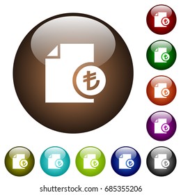 Turkish Lira financial report white icons on round color glass buttons